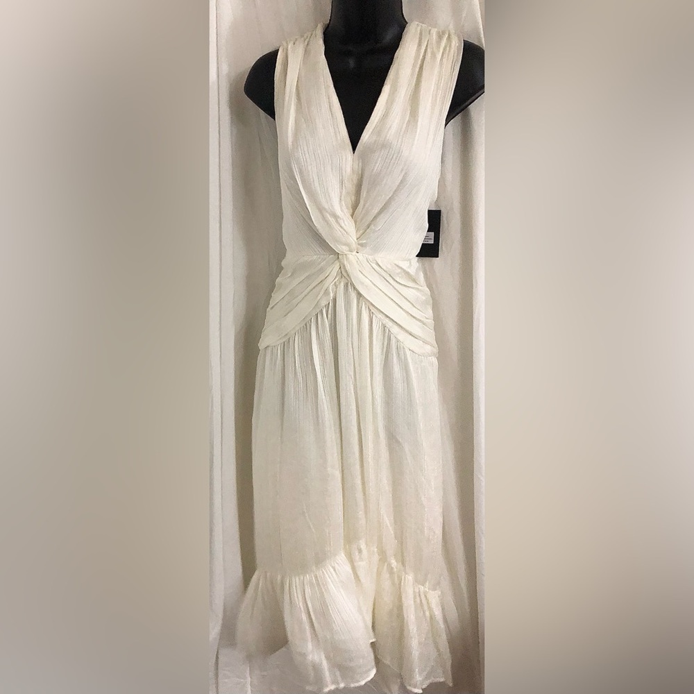 DKNY eggshell twist v-front asymmetrical ruffled hem sleeveless dress size 8 new